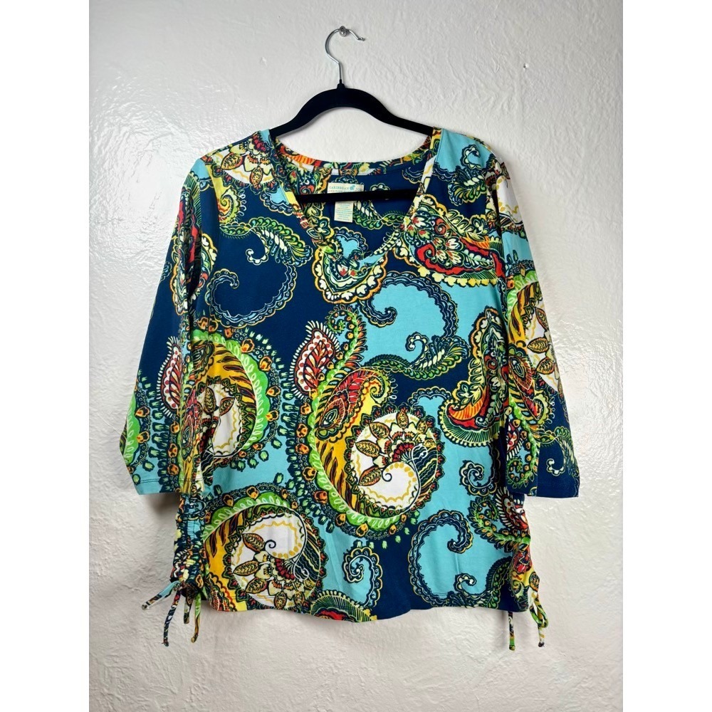 Caribbean Joe Paisley Top 1X‎ Blue Green Ruched Coastal Eclectic Psychedelic